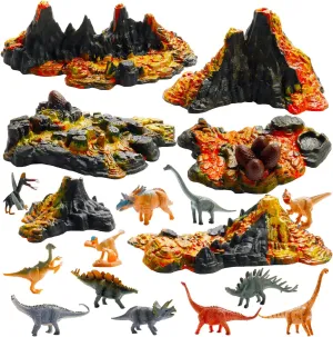 6 Pcs Mini Volcano Model with 12 Pcs Mini Dinosaur Figurines Plastic Dinosaurs Figurines Artificial Volcano Set for Dinosaur Cake Topper Birthday Gifts Party Supplies