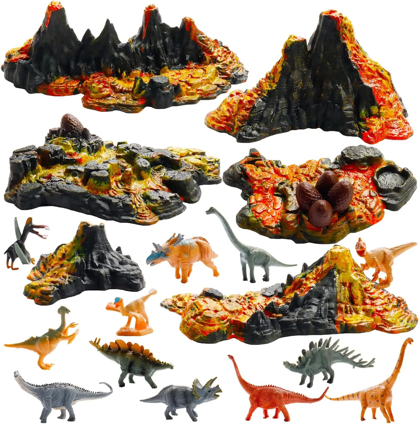 6 Pcs Mini Volcano Model with 12 Pcs Mini Dinosaur Figurines Plastic Dinosaurs Figurines Artificial Volcano Set for Dinosaur Cake Topper Birthday Gifts Party Supplies