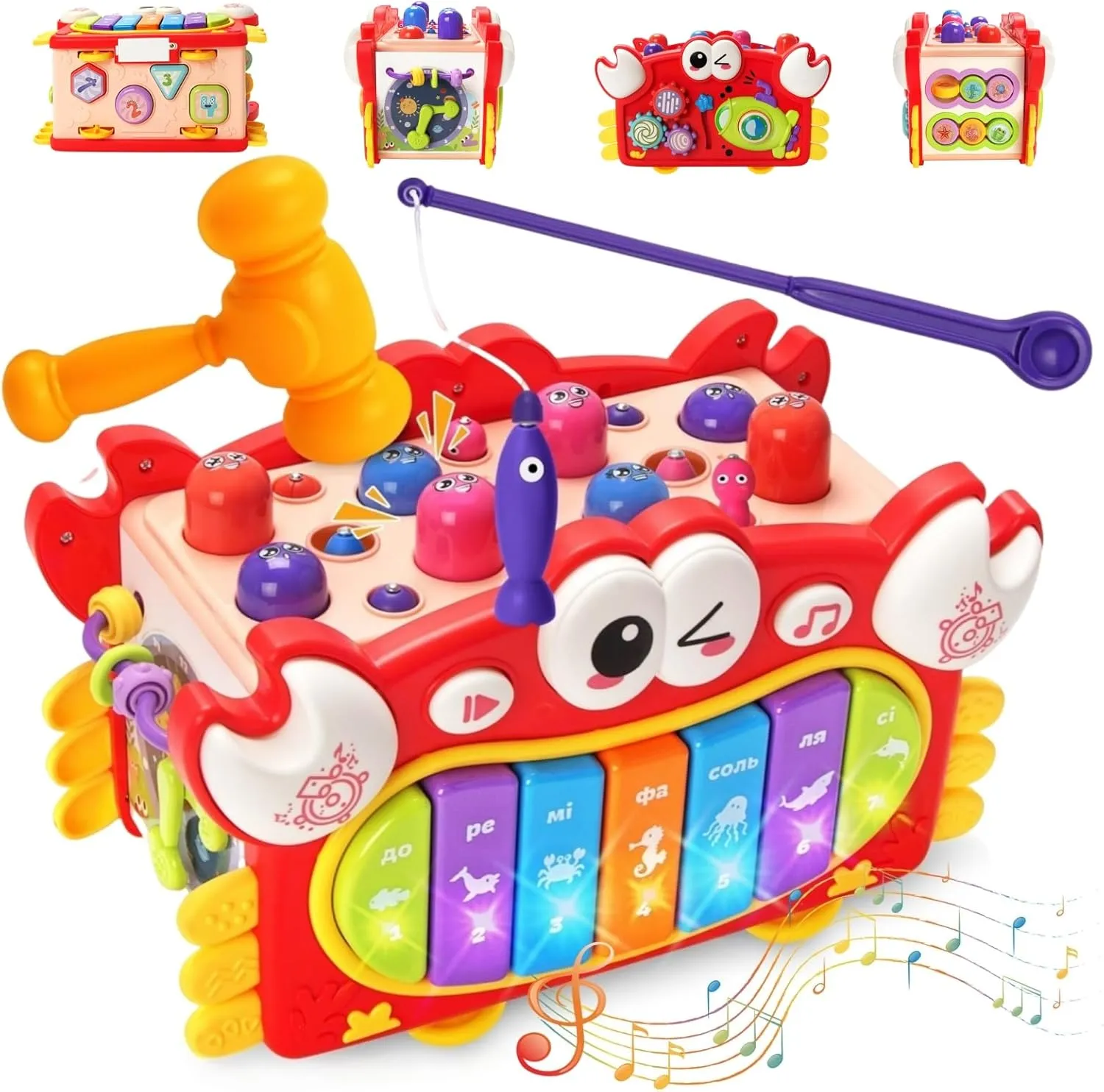 6-Sided Crab Activity Center for Toddlers - Interactive Educational Toy with Drum/Piano, Gears, Clock, Hammering/Fishing Games & Shape Sorting, Light-Up Musical Learning Gift for Boys Girls Ages 3 