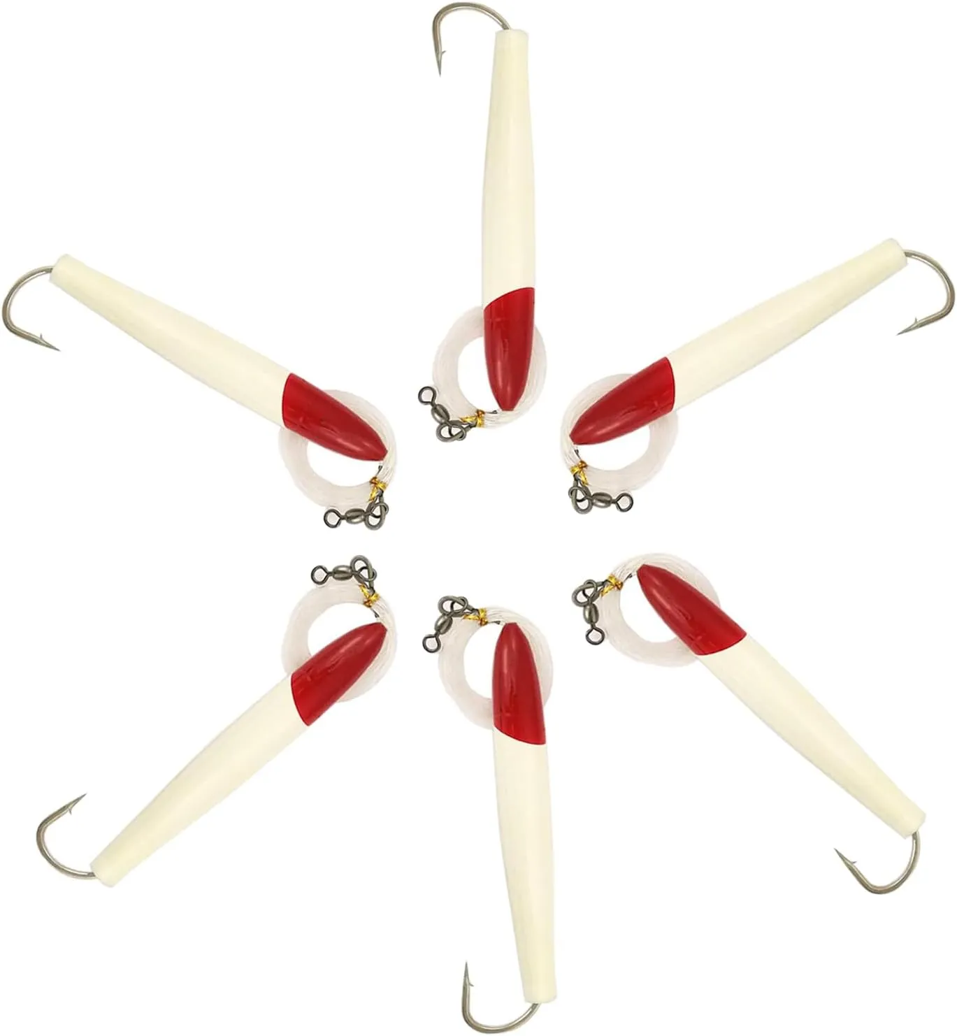 6" Cedar Plugs, 6 Pcs Red/White Rigged, for Tuna Fishing, Includes Lure Bag, Ideal for Saltwater Trolling and Offshore Fishing