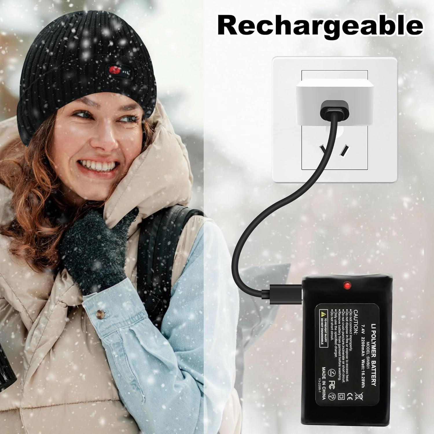 7.4V Heated Hat for Men Women, Rechargeable Electric Winter Warm Thermal Thick Heated Beanie Hat