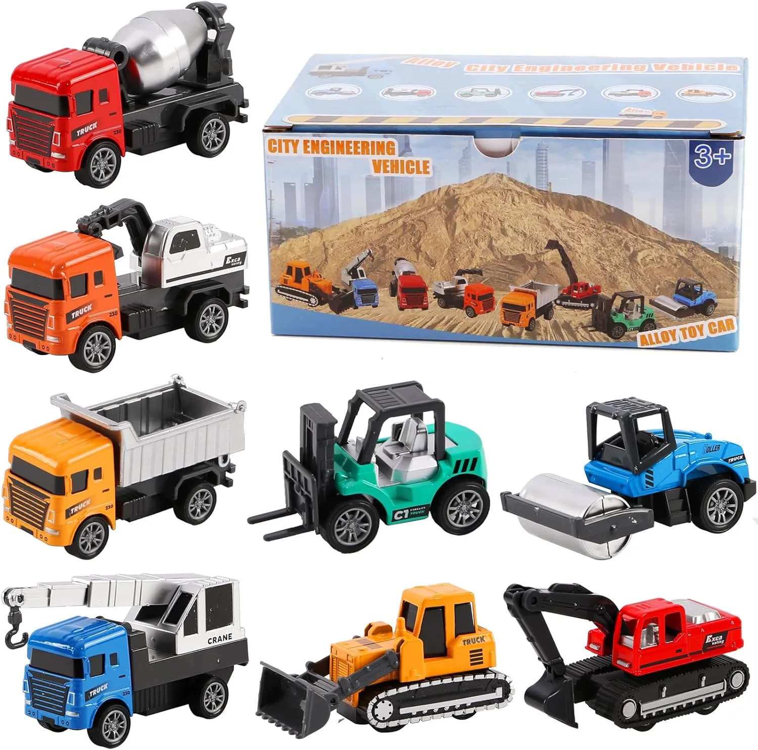 8 Pack Alloy Construction Cars Toys, Mini Pull Back Toy Cars for Toddlers 1-3, Kids Party Favors Trucks Toys for Educational Play, Outdoor Boys Girls Toys, Gift Car Set