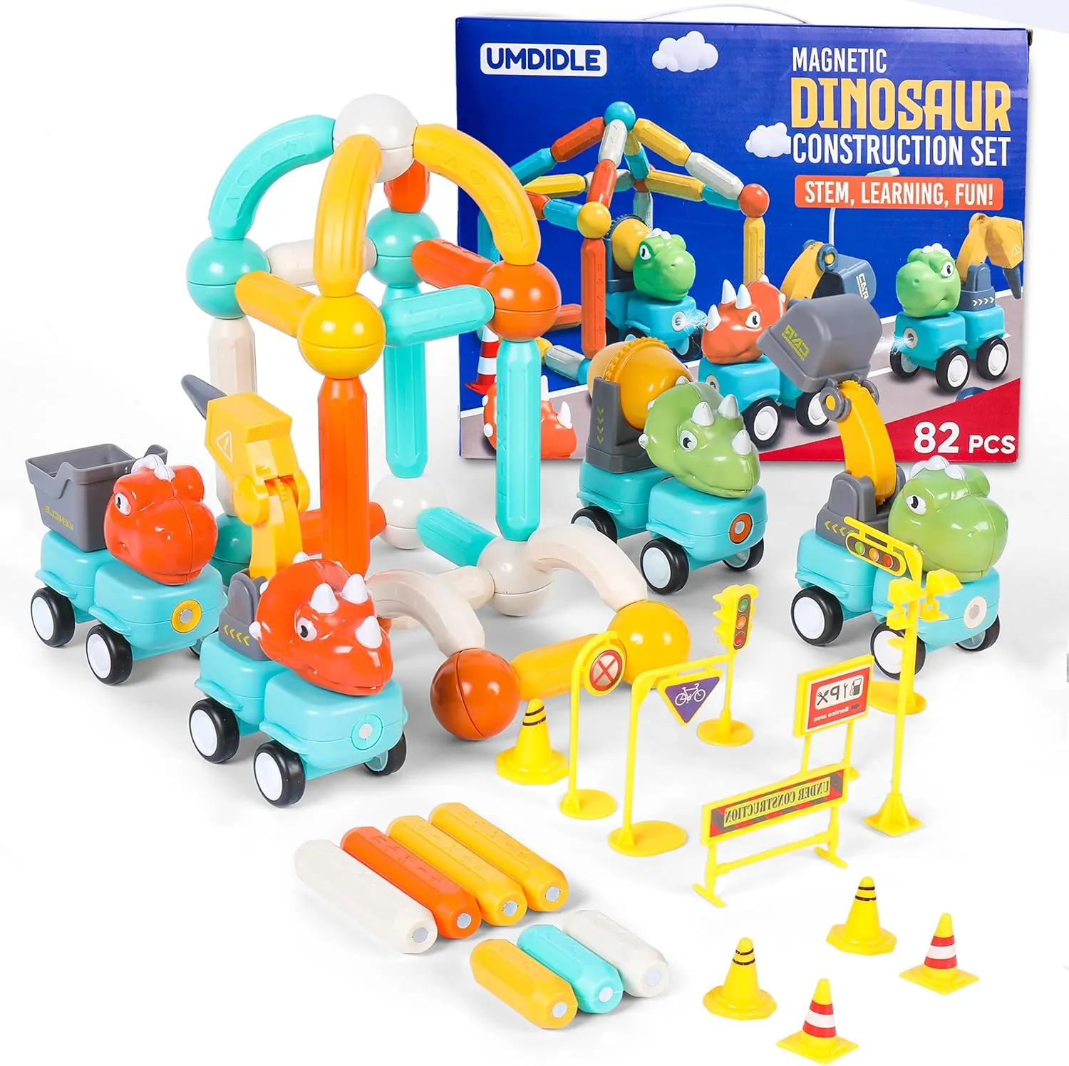 82PCS Magnetic Dinosaurs Building Toy for Kids STEM Educational Building Blocks, Magnetic Sticks, and Trucks Toy for Toddlers Montessori Learning, Birthday Gift for Boys, Girls