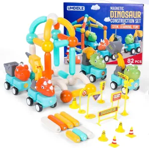 82PCS Magnetic Dinosaurs Building Toy for Kids STEM Educational Building Blocks, Magnetic Sticks, and Trucks Toy for Toddlers Montessori Learning, Birthday Gift for Boys, Girls