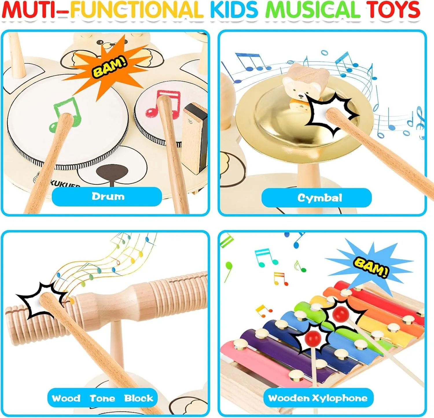 9 in 1 Kids Drum Set YOMESTE Toddlers Birthday Gift Wooden Xylophone Musical Instruments Kit,Montessori Musical Instruments Toys for Kids,Happy Gift ^_^ (Kids Drum Bear and Dog)