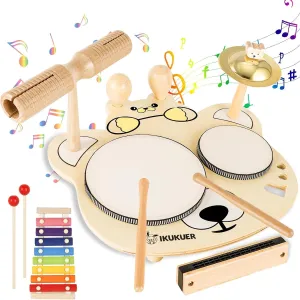 9 in 1 Kids Drum Set YOMESTE Toddlers Birthday Gift Wooden Xylophone Musical Instruments Kit,Montessori Musical Instruments Toys for Kids,Happy Gift ^_^ (Kids Drum Bear and Dog)