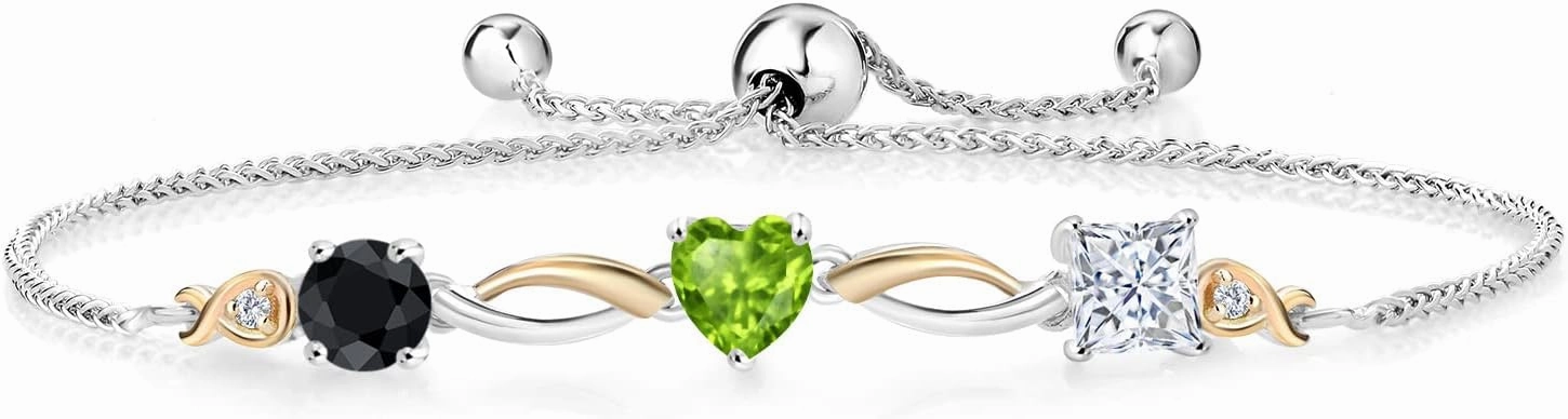 925 Silver and 10K Yellow Gold Black Sapphire Green Peridot Near Colorless White Moissanite and Lab Grown Diamond Tennis Bracelet for Women By Keren Hanan (2.26 cttw, Adjustable Up To 9 Inch)