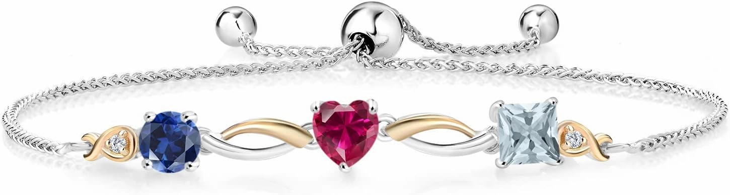 925 Silver and 10K Yellow Gold Blue Created Sapphire Red Created Ruby Sky Blue Aquamarine and Lab Grown Diamond Tennis Bracelet for Women By Keren Hanan (2.06 cttw, Adjustable Up To 9 Inch)