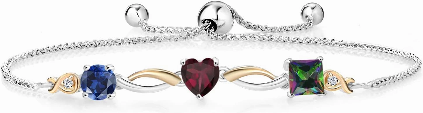 925 Silver and 10K Yellow Gold Blue Created Sapphire Red Rhodolite Garnet Green Mystic Topaz and Lab Grown Diamond Tennis Bracelet for Women By Keren Hanan (2.12 cttw, Adjustable Up To 9 Inch)