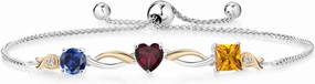 925 Silver and 10K Yellow Gold Blue Created Sapphire Red Rhodolite Garnet Yellow Citrine and Lab Grown Diamond Tennis Bracelet for Women By Keren Hanan (1.92 cttw, Adjustable Up To 9 Inch)