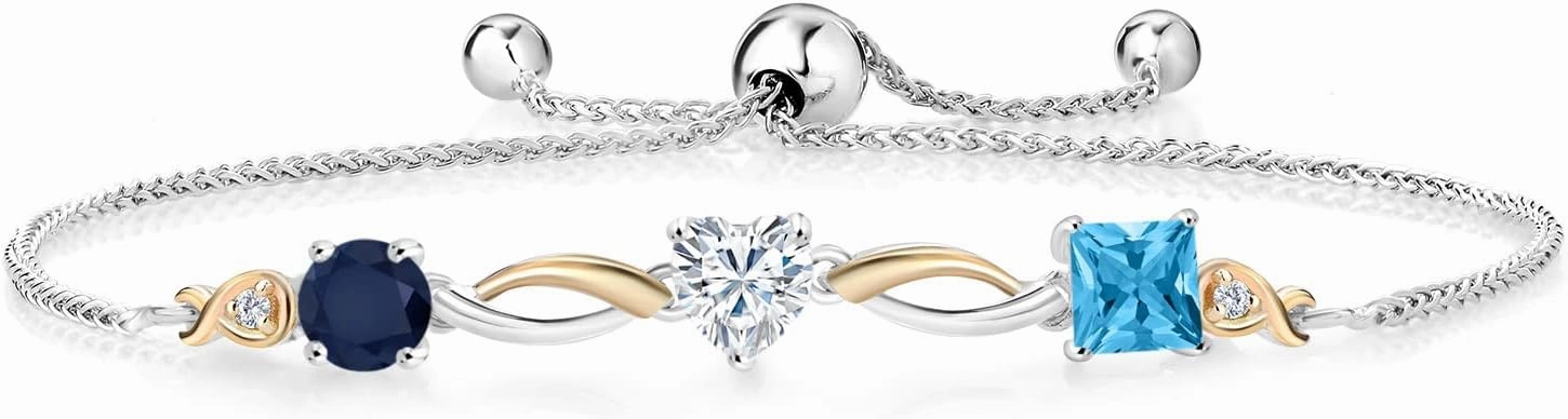 925 Silver and 10K Yellow Gold Blue Sapphire Near Colorless White Moissanite Swiss Blue Topaz and Lab Grown Diamond Tennis Bracelet for Women By Keren Hanan (2.20 cttw, Adjustable Up To 9 Inch)