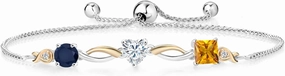 925 Silver and 10K Yellow Gold Blue Sapphire Near Colorless White Moissanite Yellow Citrine and Lab Grown Diamond Tennis Bracelet for Women By Keren Hanan (2.00 cttw, Adjustable Up To 9 Inch)