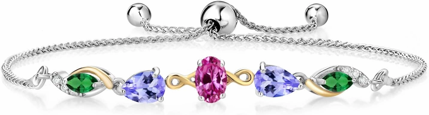 925 Silver and 10K Yellow Gold Pink Created Sapphire Blue Tanzanite Green Nano Emerald and Lab Grown Diamond Tennis Bracelet for Women By Keren Hanan (1.83 cttw, Adjustable Up To 9 Inch)