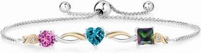 925 Silver and 10K Yellow Gold Pink Created Sapphire London Blue Topaz Green Mystic Topaz and Lab Grown Diamond Tennis Bracelet for Women By Keren Hanan (2.30 cttw, Adjustable Up To 9 Inch)