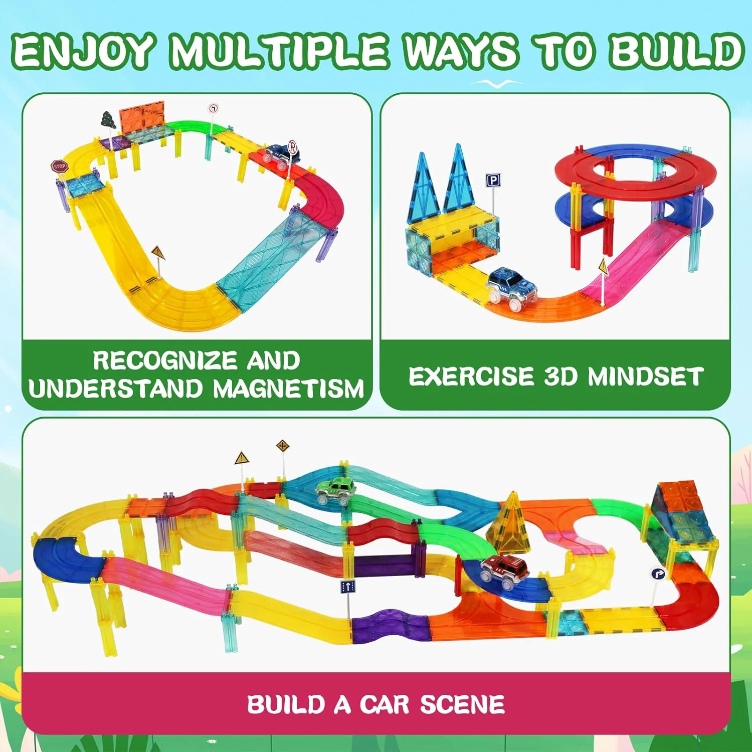 97PCS Magnetic Race Track Magnet Tiles Road Set Toys for Kids with LED Cars Roads Signs STEM Sensory Educational Learning Sensory Montessori Toy for Toddlers Boys Girls Age 3-7 4-8 8-10