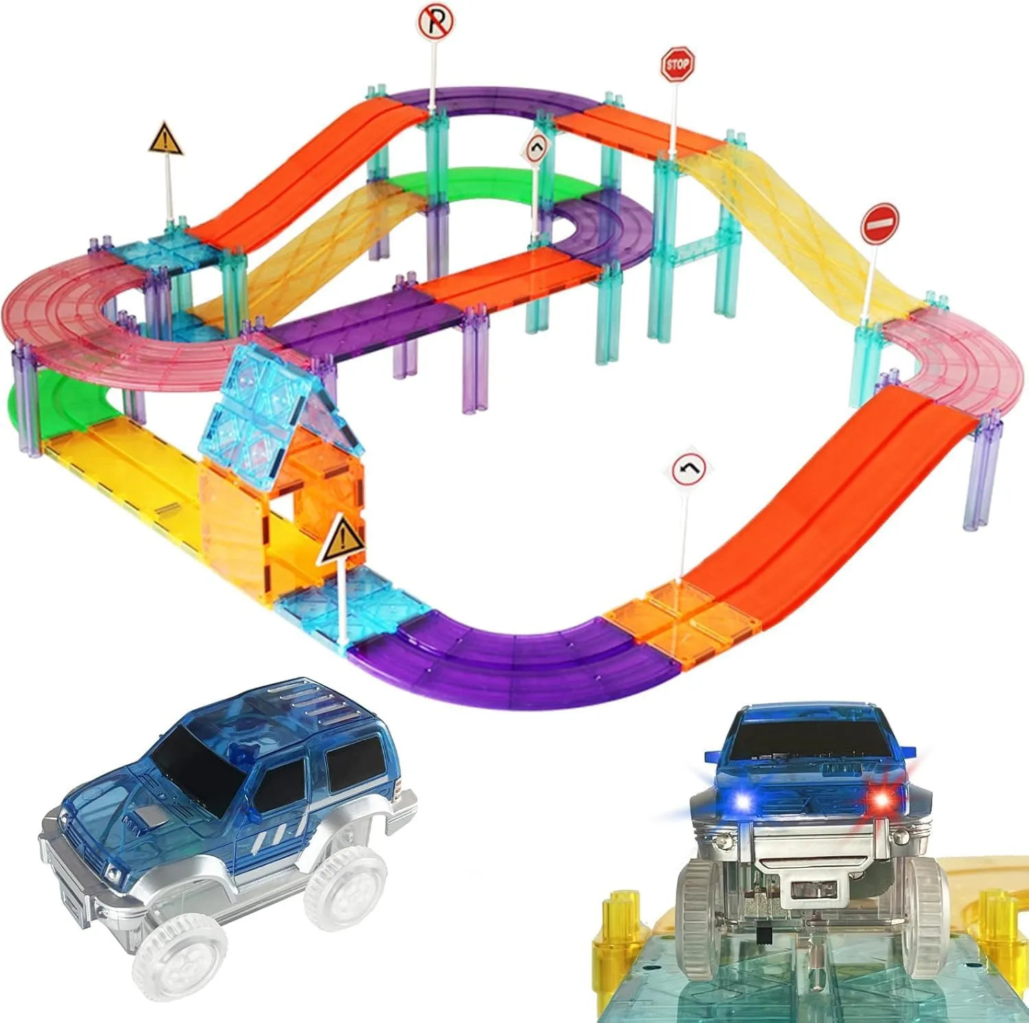97PCS Magnetic Race Track Magnet Tiles Road Set Toys for Kids with LED Cars Roads Signs STEM Sensory Educational Learning Sensory Montessori Toy for Toddlers Boys Girls Age 3-7 4-8 8-10