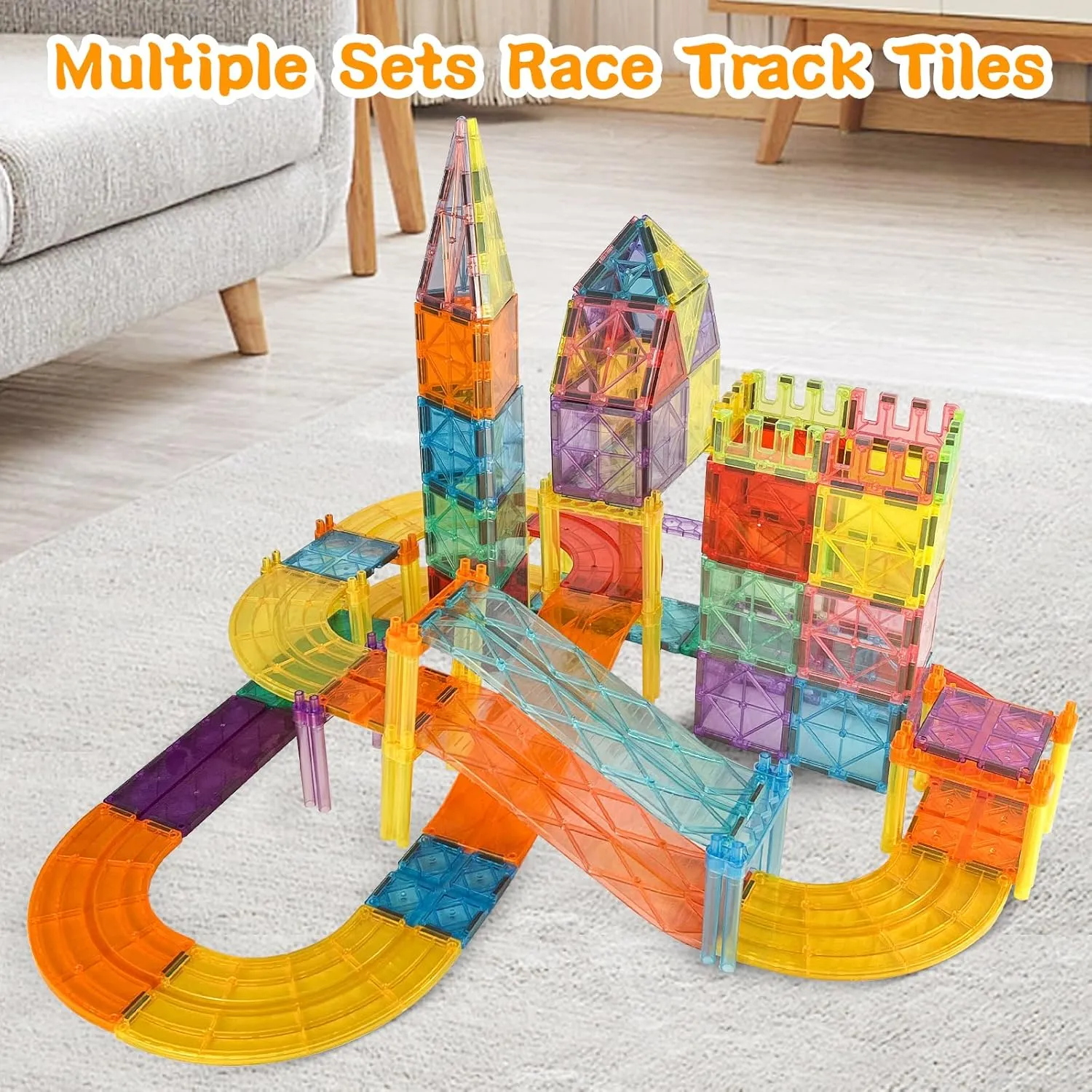 97PCS Magnetic Race Track Magnet Tiles Road Set Toys for Kids with LED Cars Roads Signs STEM Sensory Educational Learning Sensory Montessori Toy for Toddlers Boys Girls Age 3-7 4-8 8-10