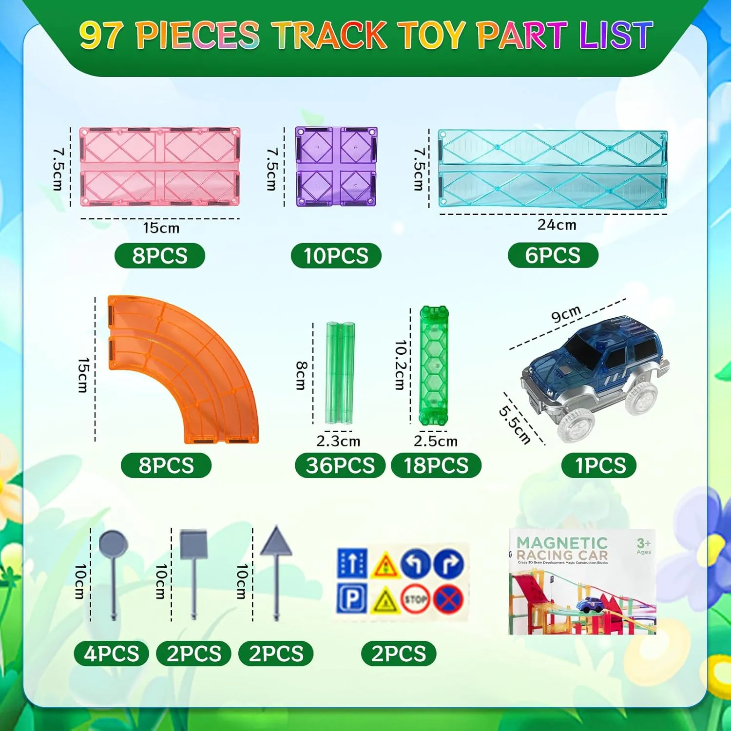97PCS Magnetic Race Track Magnet Tiles Road Set Toys for Kids with LED Cars Roads Signs STEM Sensory Educational Learning Sensory Montessori Toy for Toddlers Boys Girls Age 3-7 4-8 8-10