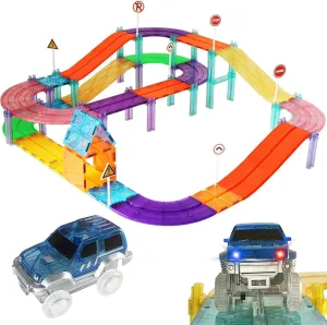 97PCS Magnetic Race Track Magnet Tiles Road Set Toys for Kids with LED Cars Roads Signs STEM Sensory Educational Learning Sensory Montessori Toy for Toddlers Boys Girls Age 3-7 4-8 8-10