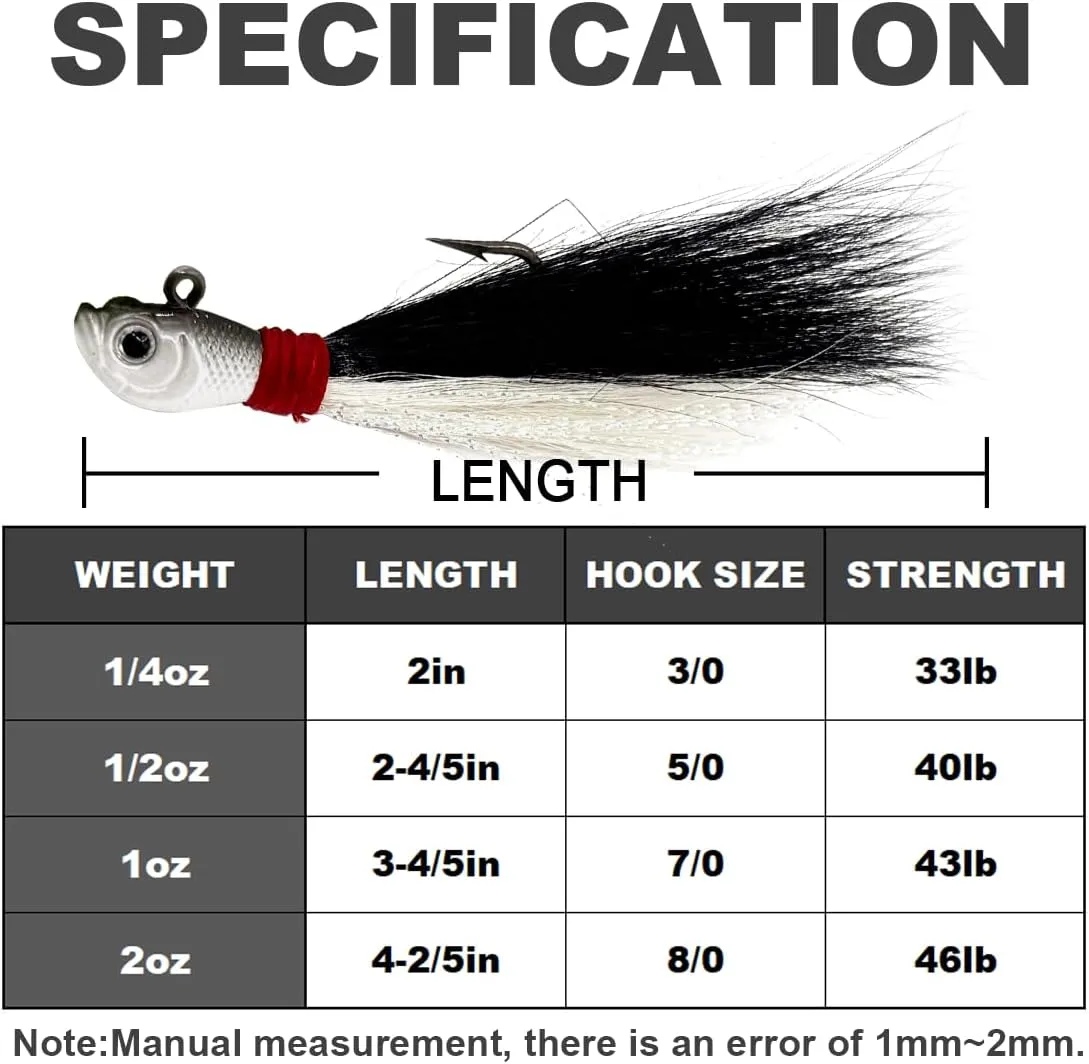 9KM DWLIFE Bucktail Jigs Jig Heads Saltwater Buck Tail Fishing Lure Crappie Hair Jigs Bass Walleye Surf Fishing Lures
