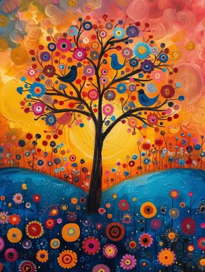 A Whimsical Tree Surrounded by Bright Flowers and Colorful Blooms The Product uses Wooden Puzzles -500PCS for Adults and Children to Brainstorm, Game Nights, Gifts