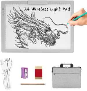 A4 Wireless LED Light Pad with Carry Bag, Innovative Stand and Top Clip, TOHETO Rechargeable Light Box Stepless Dimmable and 6 Levels Brightness Cordless Light Board for Tracing Weeding Vinyl (Grey)
