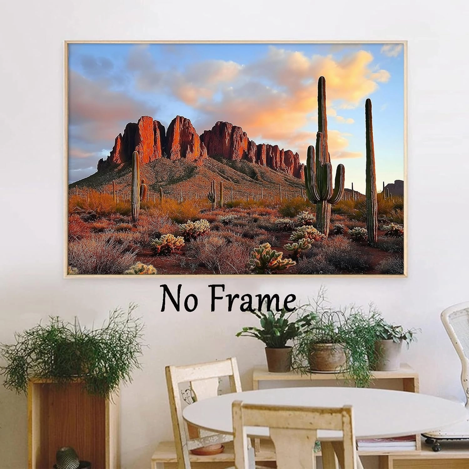 Abstract Cactus Wall Art Nature Mountain Painting Vintage Landscape Prints Desert Sunset Cactus Wall Art Western Scenery Painting Abstract Mountain Plant Picture Desert Botanical Prints 16x24in Frame