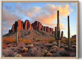 Abstract Cactus Wall Art Nature Mountain Painting Vintage Landscape Prints Desert Sunset Cactus Wall Art Western Scenery Painting Abstract Mountain Plant Picture Desert Botanical Prints 16x24in Frame