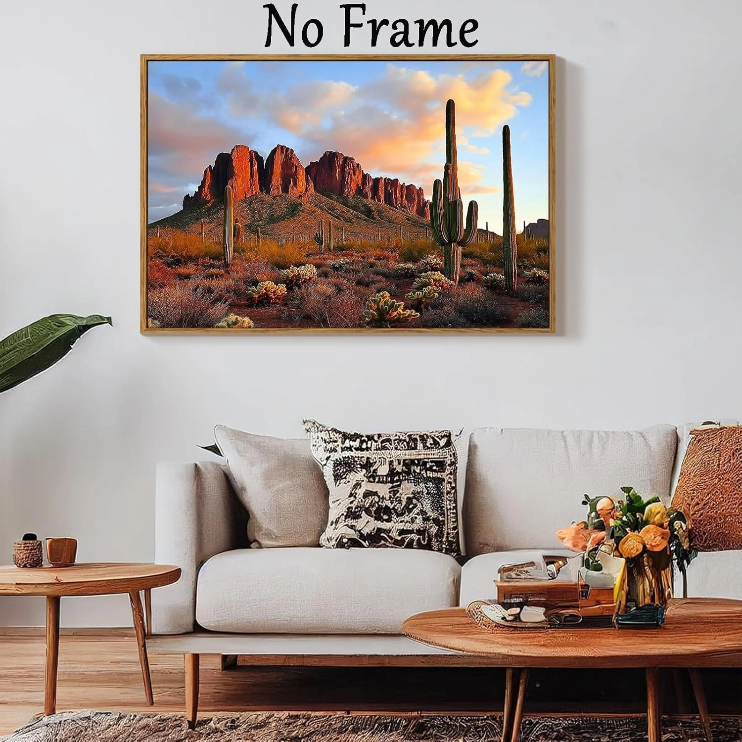 Abstract Cactus Wall Art Nature Mountain Painting Vintage Landscape Prints Desert Sunset Cactus Wall Art Western Scenery Painting Abstract Mountain Plant Picture Desert Botanical Prints 16x24in Frame