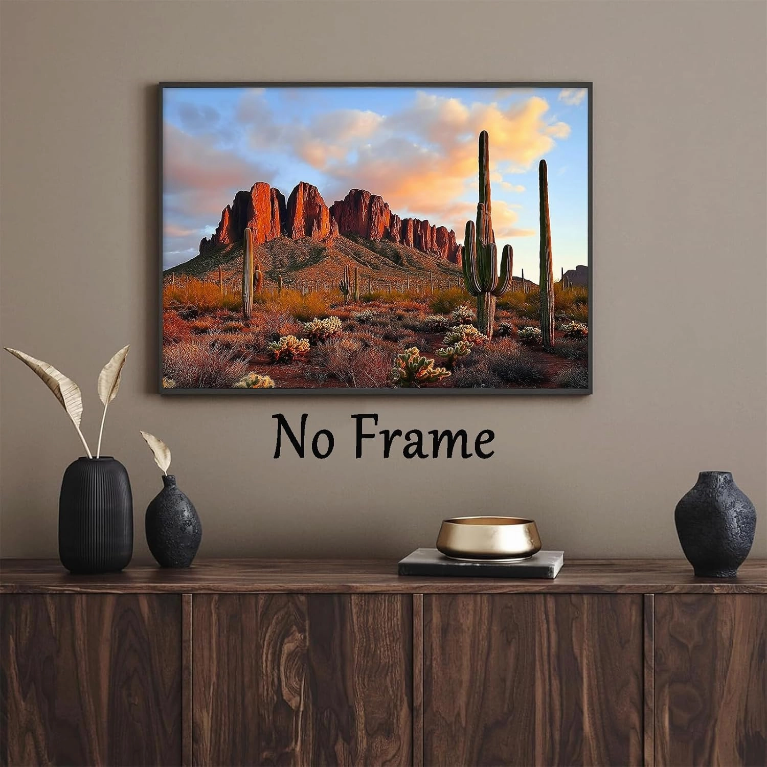 Abstract Cactus Wall Art Nature Mountain Painting Vintage Landscape Prints Desert Sunset Cactus Wall Art Western Scenery Painting Abstract Mountain Plant Picture Desert Botanical Prints 16x24in Frame