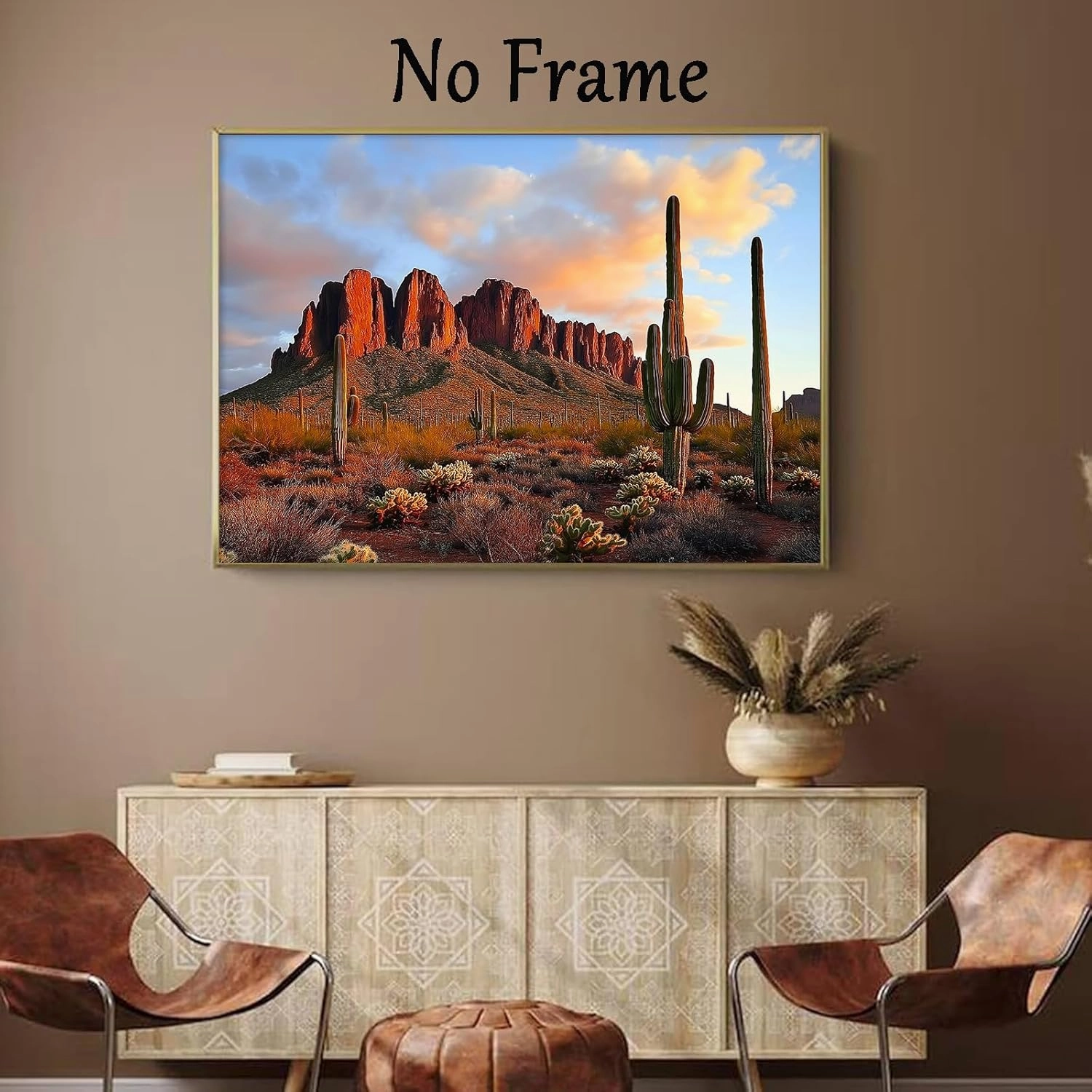 Abstract Cactus Wall Art Nature Mountain Painting Vintage Landscape Prints Desert Sunset Cactus Wall Art Western Scenery Painting Abstract Mountain Plant Picture Desert Botanical Prints 16x24in Frame