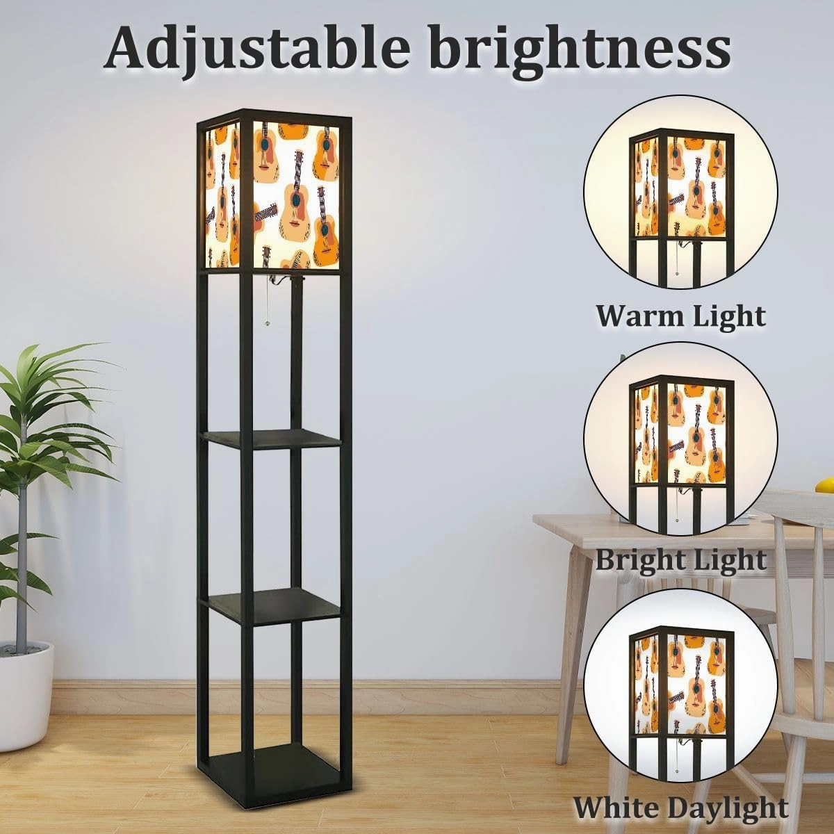 Acoustic guitar seamless pattern Musical instrument for fabric paper Floor Lamps with Shelves, Modern Standing Lamp Narrow Corner Display Bookshelf Lamp for Living Room, Bedroom, Office Decor