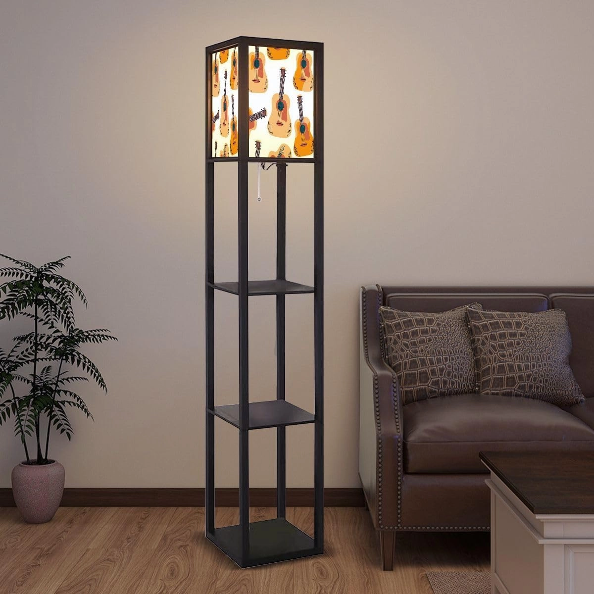 Acoustic guitar seamless pattern Musical instrument for fabric paper Floor Lamps with Shelves, Modern Standing Lamp Narrow Corner Display Bookshelf Lamp for Living Room, Bedroom, Office Decor