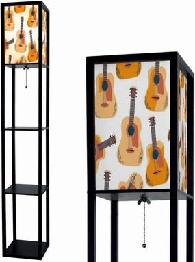 Acoustic guitar seamless pattern Musical instrument for fabric paper Floor Lamps with Shelves, Modern Standing Lamp Narrow Corner Display Bookshelf Lamp for Living Room, Bedroom, Office Decor