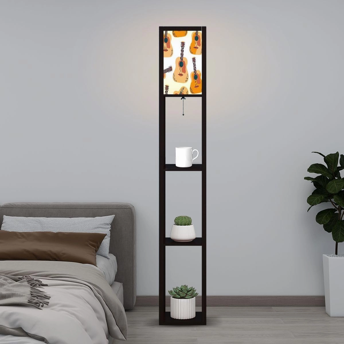 Acoustic guitar seamless pattern Musical instrument for fabric paper Floor Lamps with Shelves, Modern Standing Lamp Narrow Corner Display Bookshelf Lamp for Living Room, Bedroom, Office Decor
