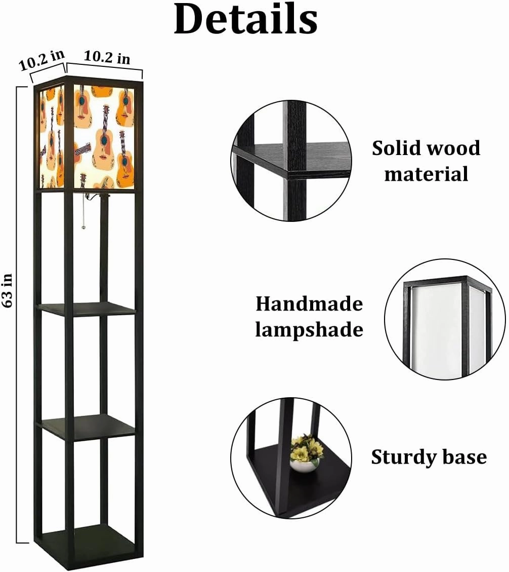 Acoustic guitar seamless pattern Musical instrument for fabric paper Floor Lamps with Shelves, Modern Standing Lamp Narrow Corner Display Bookshelf Lamp for Living Room, Bedroom, Office Decor