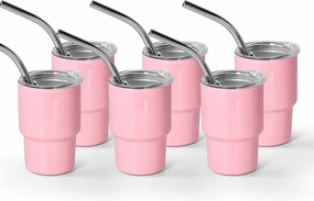 AGH 3 oz Mini Tumbler Shot Glass with Straw and Lid Pink Stainless Steel Sublimation Tumblers Double Wall Vacuum Insulated Cups, 6 Pack