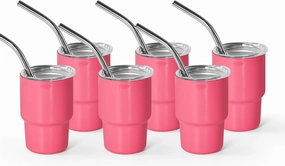 AGH 3 oz Mini Tumbler Shot Glass with Straw and Lid Rose Stainless Steel Sublimation Tumblers Double Wall Vacuum Insulated Cups, 6 Pack