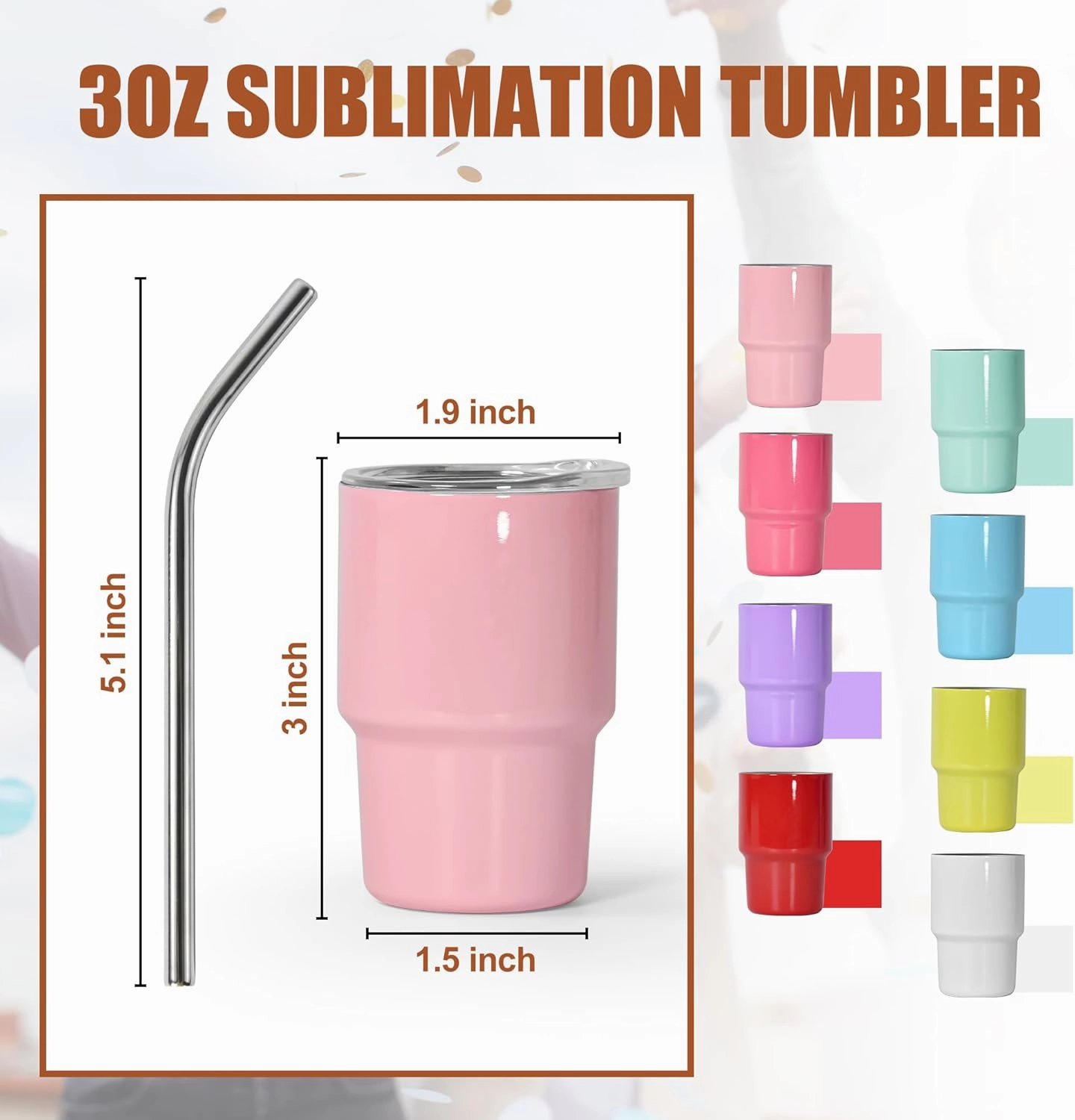 AGH 3 oz Mini Tumbler Shot Glass with Straw and Lid Rose Stainless Steel Sublimation Tumblers Double Wall Vacuum Insulated Cups, 6 Pack