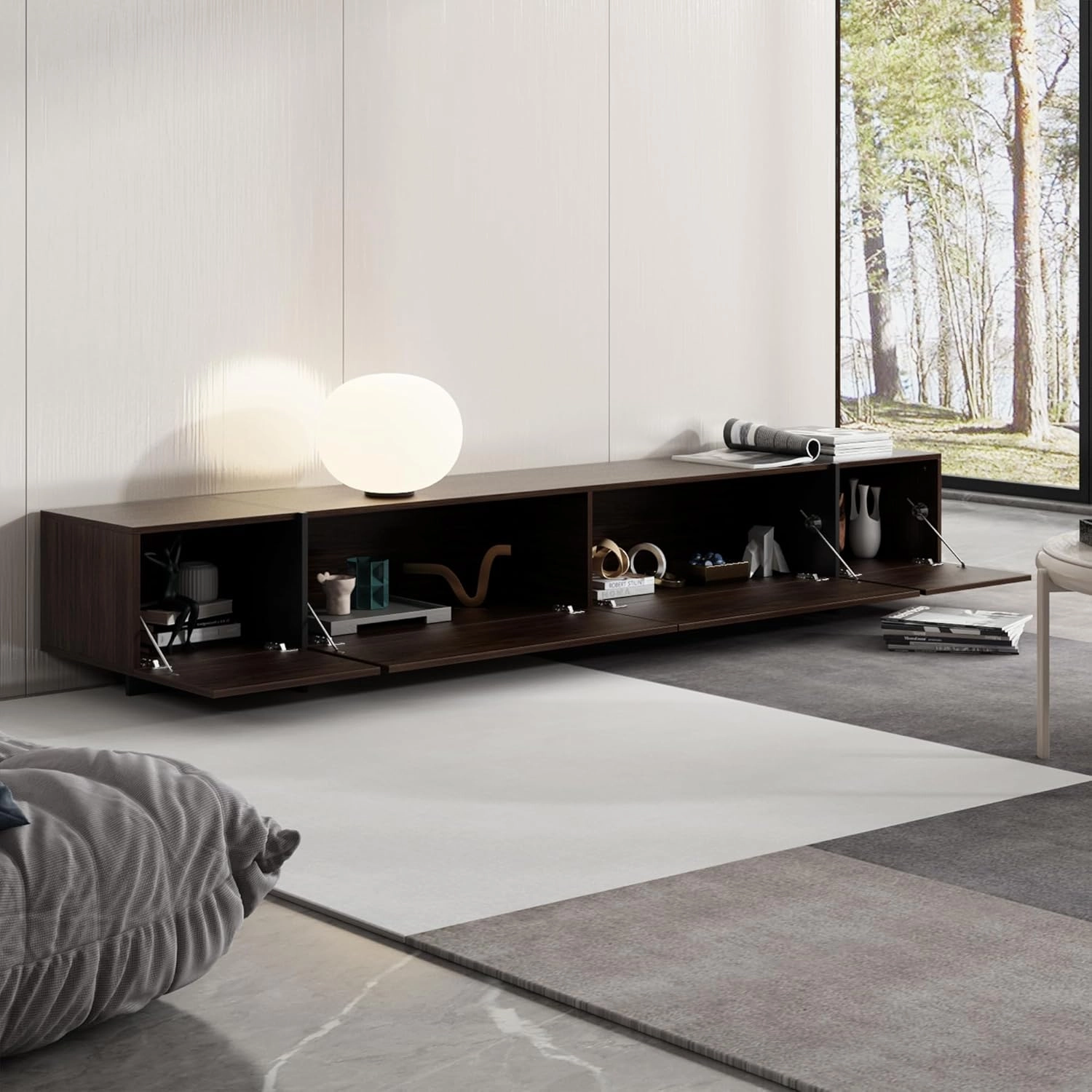 AIEGLE 95.1" W TV Stand with 4 Flip-Down Drawers, Modern Entertainment Center with Storage, Media Console Table TV Cabinet, Dark Brown