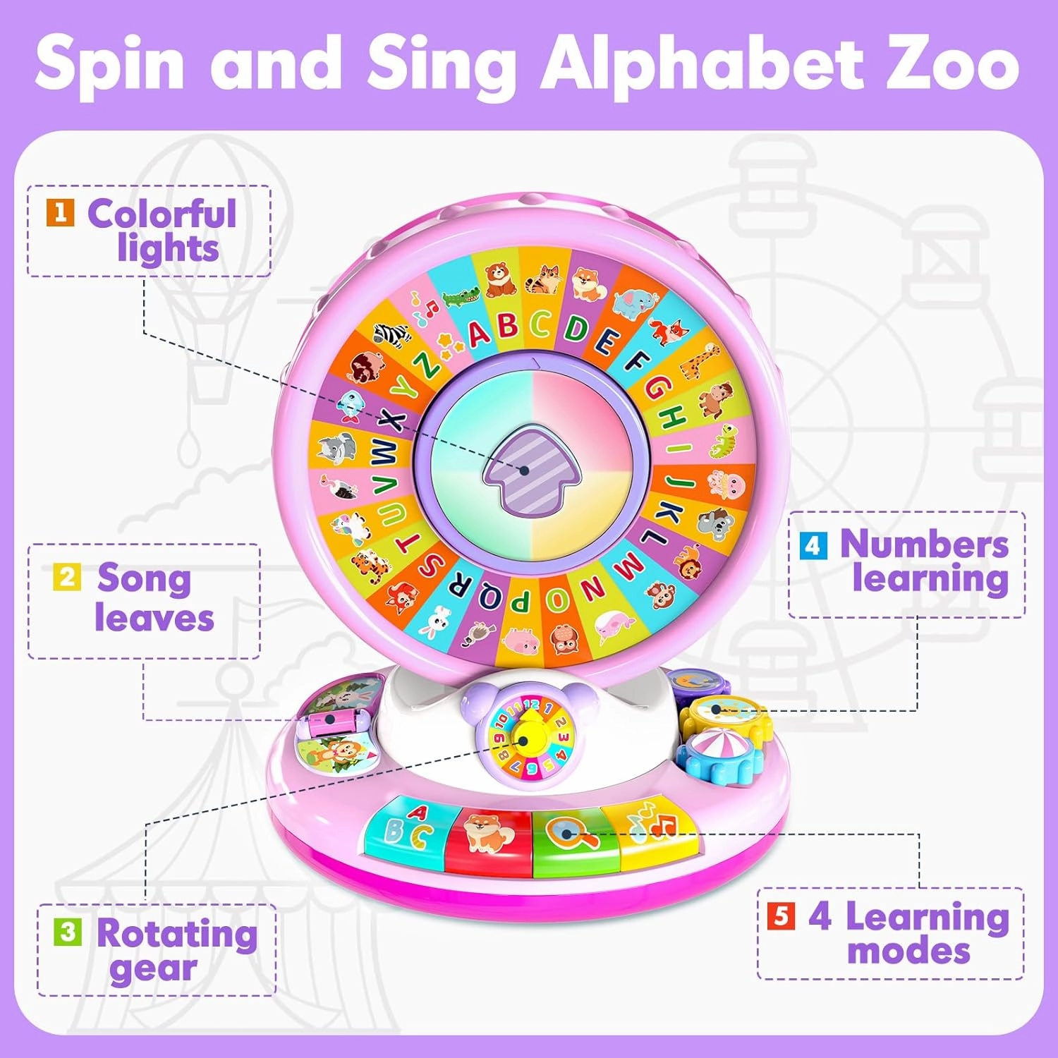 Aigybobo Toys for 1 2 3 Years Old Boys Girls, Musical Spin & Sing Alphabet Zoo with Lights & Sounds, Learning Educational Toys for Toddler 1-3, Christmas Birthday Gifts for Baby Kids Age 12-18 Months