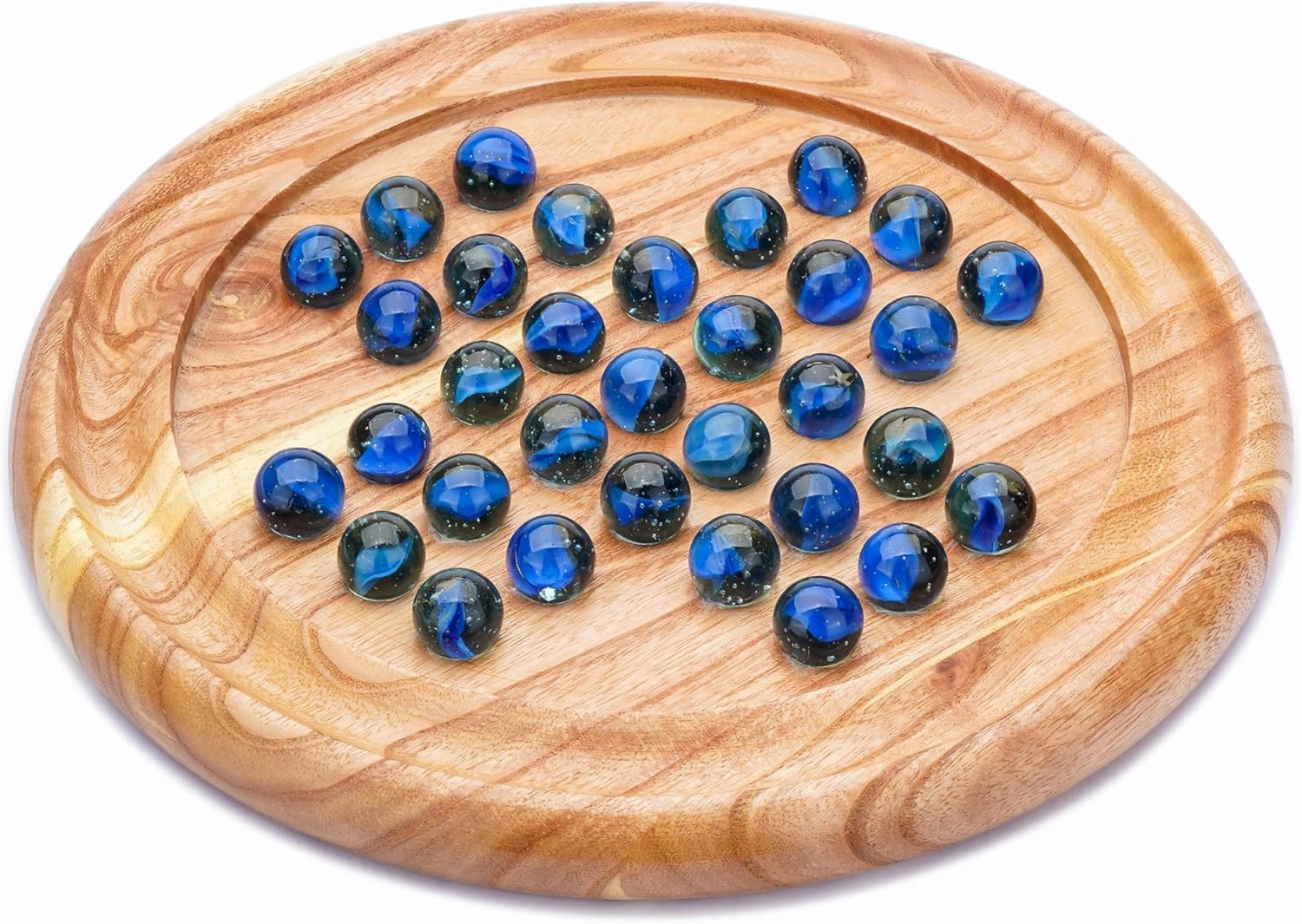 Ajuny Handcrafted Wooden Solitaire Board Game, Classic Round Design with 33 Marbles, 9x9 Inch – Strategic Mind Game for All Ages