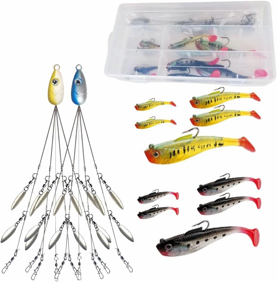 Alabama Rig Kit 5 Arms Alabama Umbrella Rig Bass Fishing Kit a Rig Fishing Lures Bait Rigs with Pre-Rigged Paddle Tail Swimbaits Boat Trolling Willow Blade Multi-Lure Rig