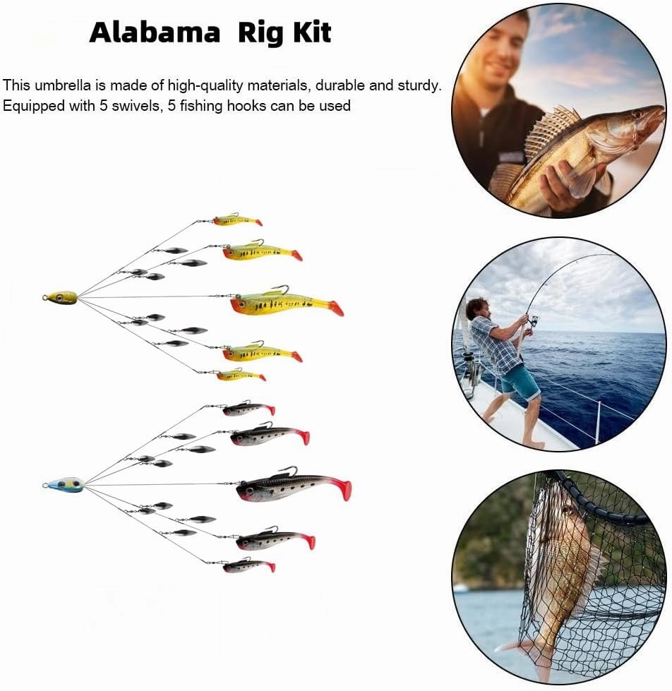 Alabama Rig Kit 5 Arms Alabama Umbrella Rig Bass Fishing Kit a Rig Fishing Lures Bait Rigs with Pre-Rigged Paddle Tail Swimbaits Boat Trolling Willow Blade Multi-Lure Rig