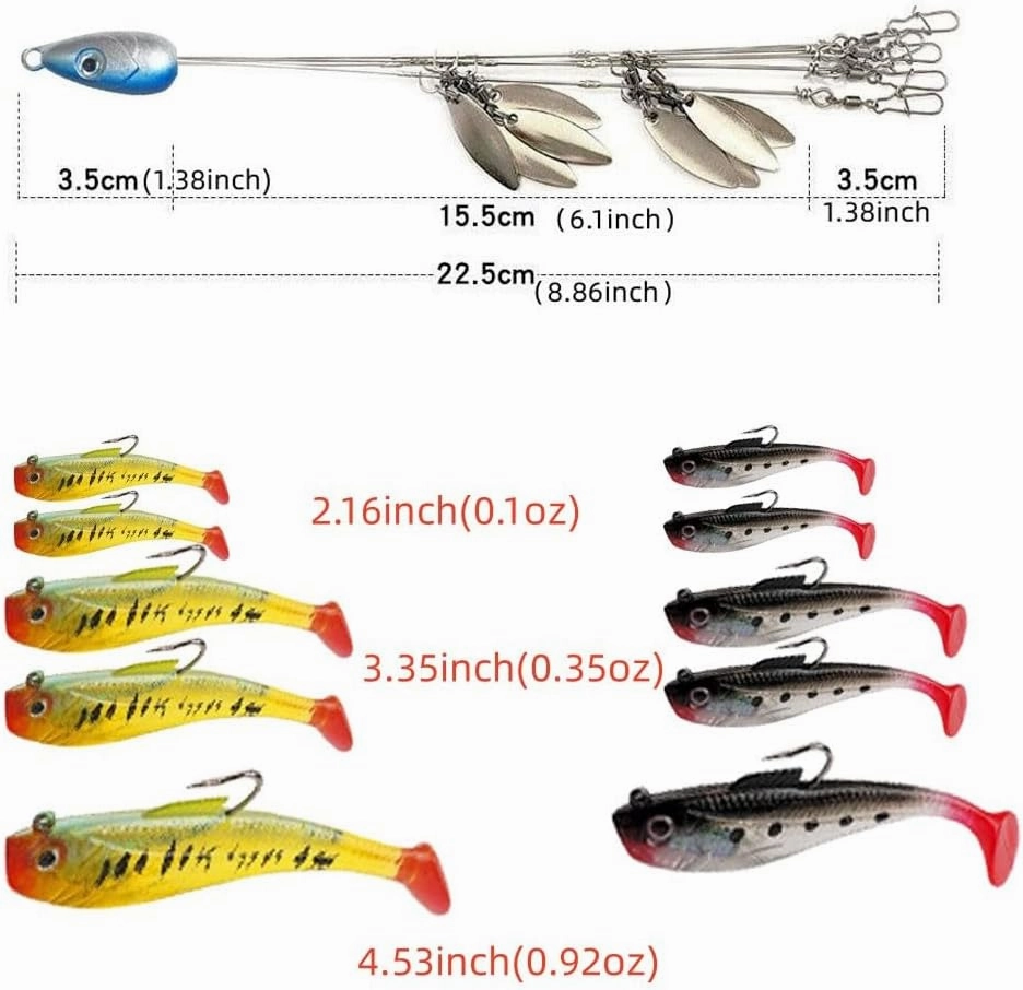 Alabama Rig Kit 5 Arms Alabama Umbrella Rig Bass Fishing Kit a Rig Fishing Lures Bait Rigs with Pre-Rigged Paddle Tail Swimbaits Boat Trolling Willow Blade Multi-Lure Rig