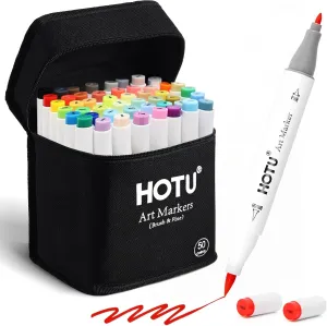 Alcohol Markers Brush Tip and Fine Tip 50 Colors Dual Tips Art Marker Set Alcohol-based Sketch Pens with Carrying Case，Non-Bleeding Pad for Art Enthusiast Adults Coloring Illustration