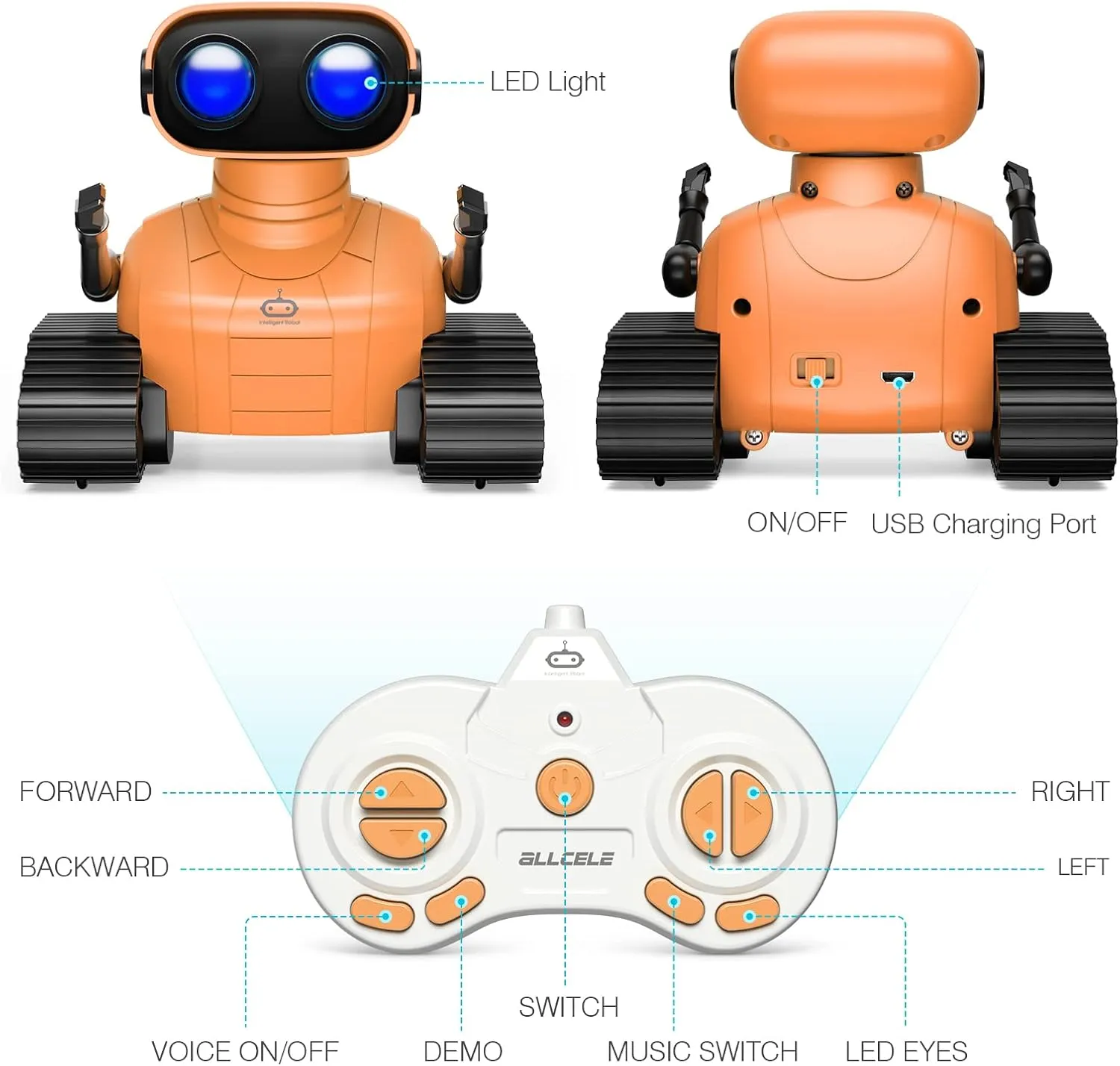 ALLCELE Robot Toys, Rechargeable RC Robots for Kids Boys, Remote Control Toy with Music and LED Eyes, Gift for Children Age 3 Years and Up - Orange