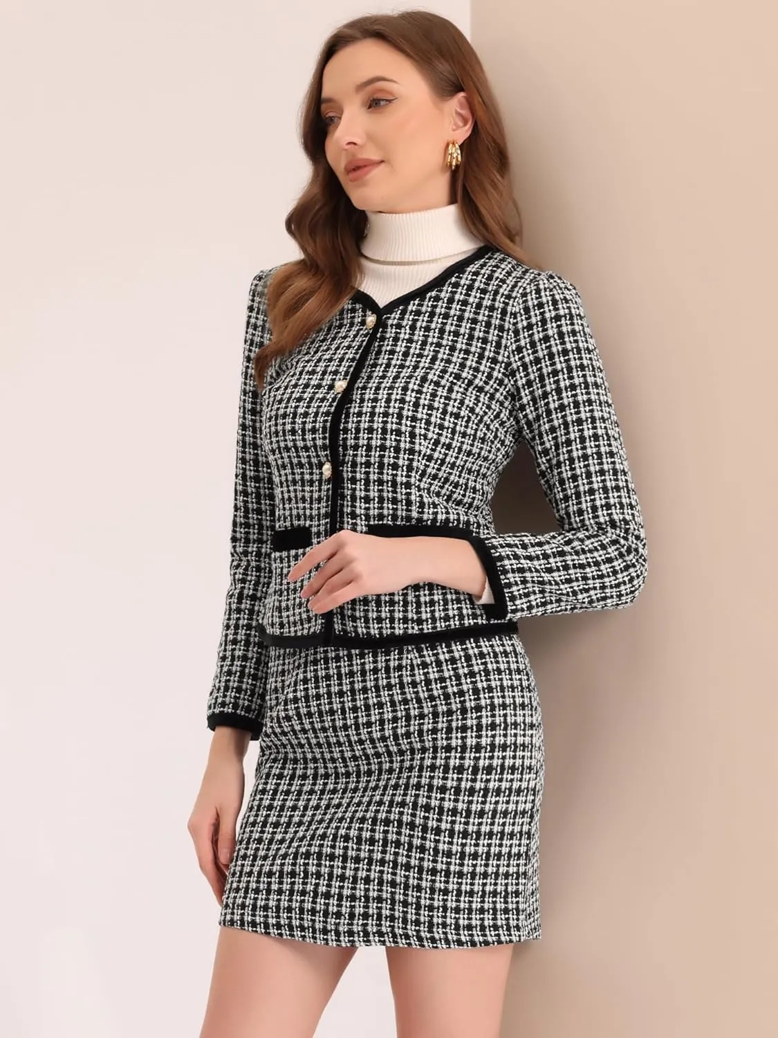 Allegra K Business Suit Set for Women's 2 Piece Outfits Plaid Tweed Easter Short Blazer Jacket and Skirt Sets