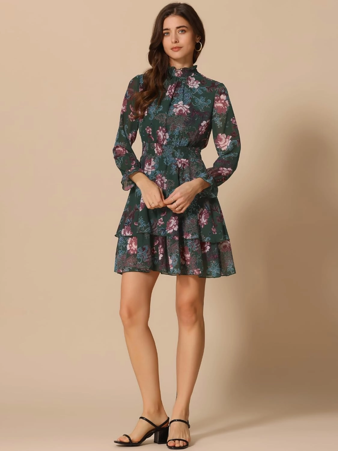Allegra K Women's Floral Dress Chiffon Long Sleeve Mock Neck Ruffle Layered Smocked Mini Dresses