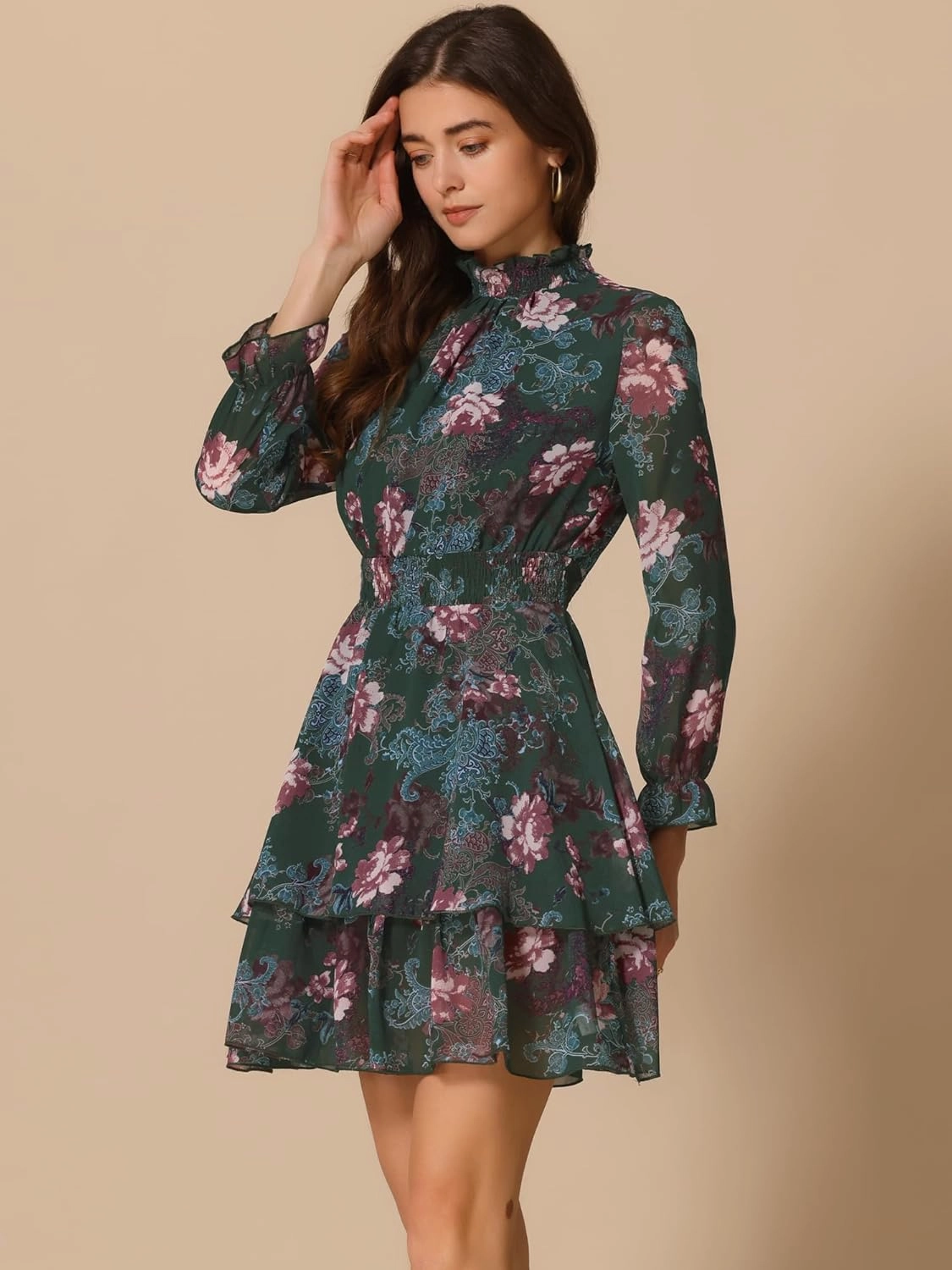 Allegra K Women's Floral Dress Chiffon Long Sleeve Mock Neck Ruffle Layered Smocked Mini Dresses